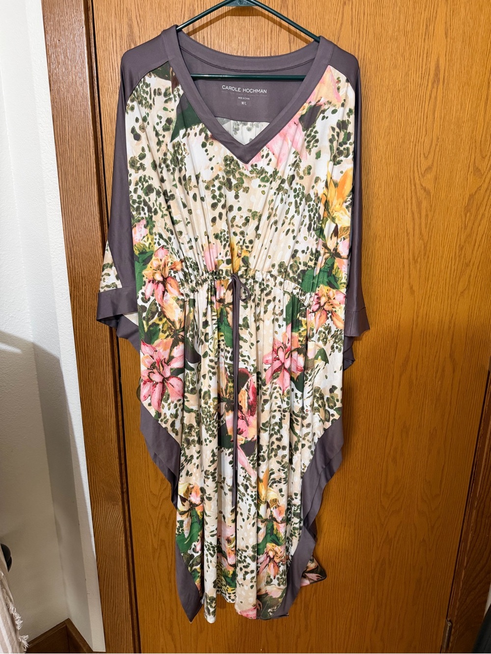 Midnight by Carole Hochman Floral V-Neck Tunic in Cream, Pink, Yellow & Gray